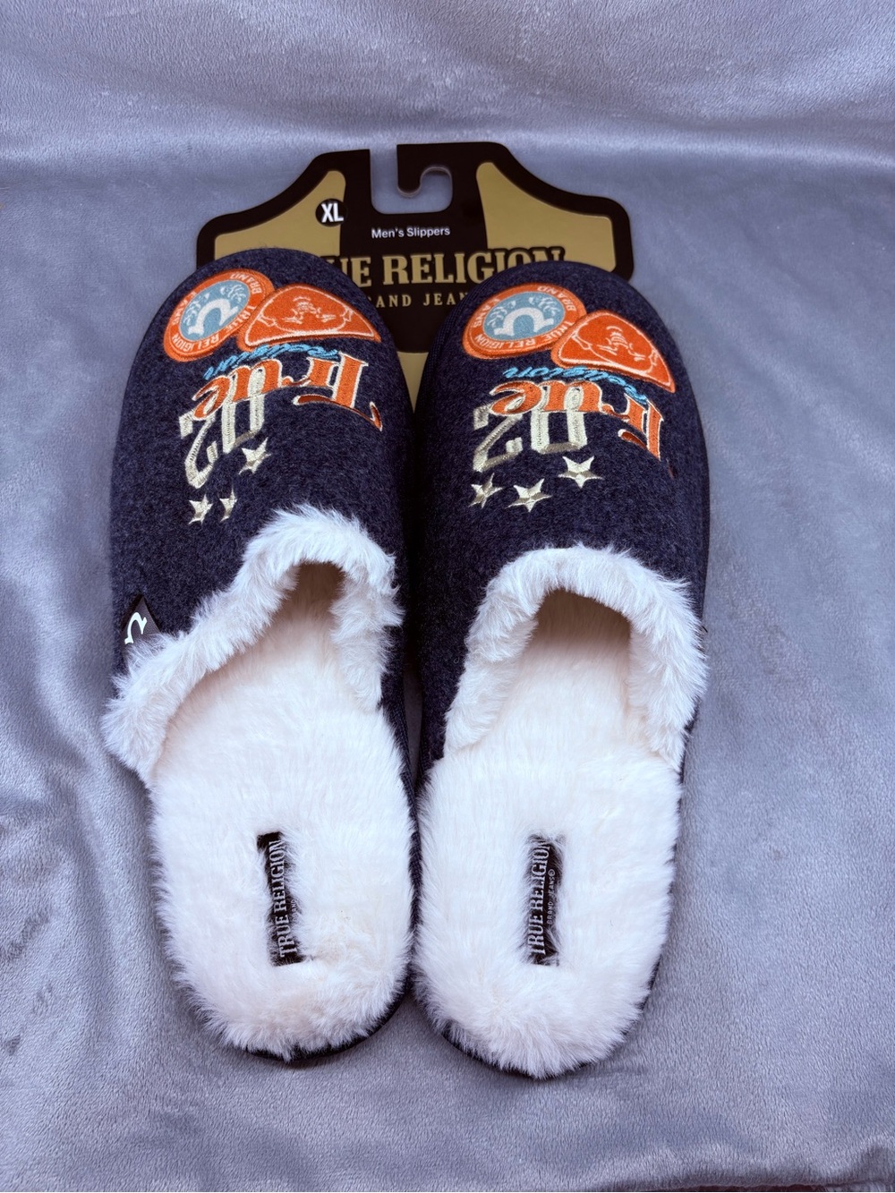 True Religion Men's Navy and White Fleece-Lined Slippers with Orange Accents